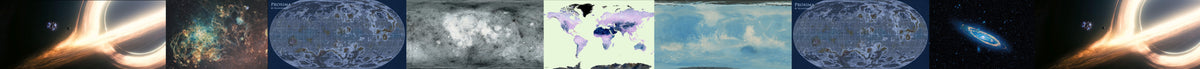 A panoramic strip of multiple narrow vertical panels showing a repeating abstract pattern: blue-gray textured circular forms, white and gray cloudy or marbled sections, small purple and black details, and bright yellow-orange light streaks at the far left and right ends.