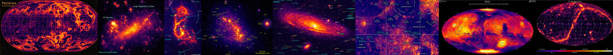 A long strip of cosmic dust and gas observations showing multiple galaxy and nebula scenes in vivid orange, yellow, and dark blue tones.